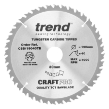 TREND CRAFTPRO 190mm x 30Ø x 40T TCT THIN KERF SAW BLADE (CSB/19040TB) TREND CRAFTPRO 190mm x 30Ø x 40T TCT THIN KERF SAW BLADE (CSB/19040TB)